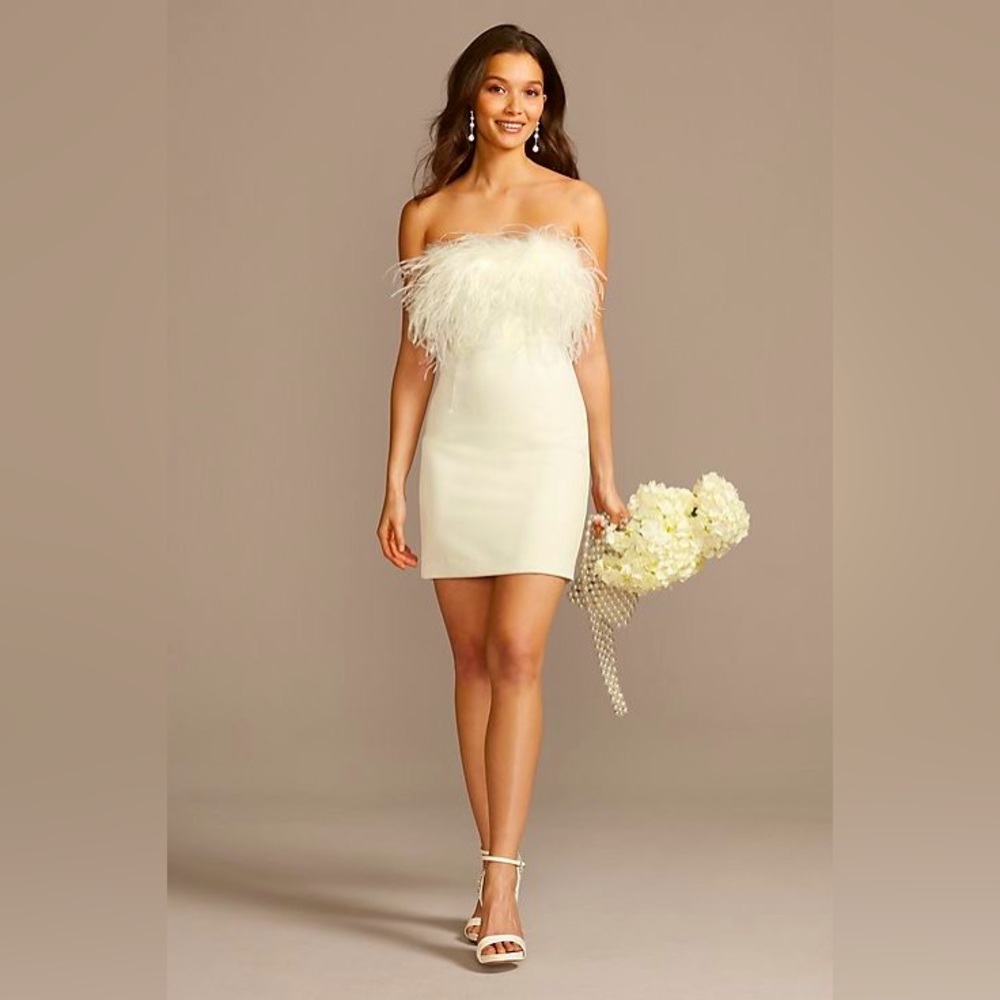 David’s Bridal Bardot Feather Mini Dress